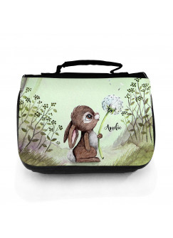 Waschtasche Waschbeutel Hase Häschen mit Pusteblume Kulturbeutel Kosmetiktasche Reisewaschtasche individuellem Wunschnamen wt225