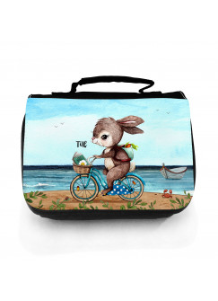 Waschtasche Waschbeutel Hase Häschen auf Fahrrad Kulturbeutel Kosmetiktasche Reisewaschtasche individuellem Wunschnamen wt226