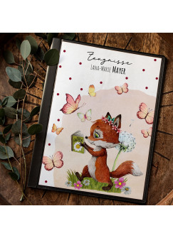 Zeugnismappe Hausaufgabenheft Hülle Fuchs Füchschen mit Buch Pusteblume Schmetterlinge personalisierbar Schulanfang Schulanfänger Einschulung Wunschname Name zm09 hh09