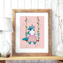 A3 Print Illustration Einhornposter Einhornplakat Poster Plakat mit Einhorn Mädchen kleines Einhorn auf Schaukel A3 Print illustration unicorn poster unicorn girl placard with little unicorn on swing p74