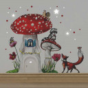 Elfentür Feentür Wichteltür Koboldtür mit Wandtattoo Wandaufkleber Wandsticker Aufkleber Sticker Fliegenpilz mit Waschbär Fuchs und Punkten elves door fairy door pixie door imp door gnome door with wall decal toadstool with raccoon fox and dots e07