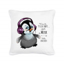 Kissen Pinguin mit Kopfhörer und Spruch "Wenn die Pflicht ruft..." Pillow penguin with qoute saying "when the duty calls..." ks04