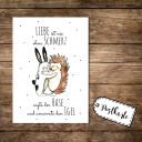 A6 Postkarte Karte Print Hase und Igel mit Spruch Liebe ist nie ohne Schmerzen sagte der Hase und umarmte den Igel A6 postcard card print rabbit hare and hedgehog with quote saying love is never without pain said the hare and embraced the hedgehog pk07