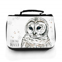 Waschtasche Waschbeutel Kulturbeutel Kosmetiktasche Reisewaschtasche Eule Eulchen Schneeeule Lieblingsmensch mit Schneeflocken und Punkte washbag toilet bag sponge bag cosmetics bag travel washbag snow owl with snowflakes dots and saying favourite person 