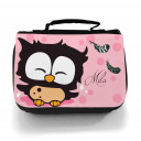 Waschtasche Kosmetiktasche Eulchen mit Federn Punkten und Wunschname toilet bag owl with feathers dots and desired name wt010