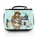 Waschtasche Waschbeutel Kulturbeutel Kosmetiktasche Reisewaschtasche Boho Bär mit Waschbär Igel und Wunschnamen washbag toilet bag sponge bag cosmetics bag travel washbag boho bear with raccoon hedgehog and custom name wt148