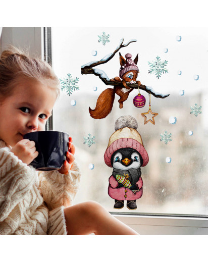 Wiederverwendbare Fensterbilder Weihnachten - Pinguin Mit Mütze & Schneeflocken