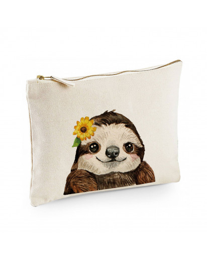 Canvas Pouch Tasche Mit Faultier-Motiv – Personalisierbar Mit Namen, 20x28 Cm, Reißverschluss, Aus Baumwolle