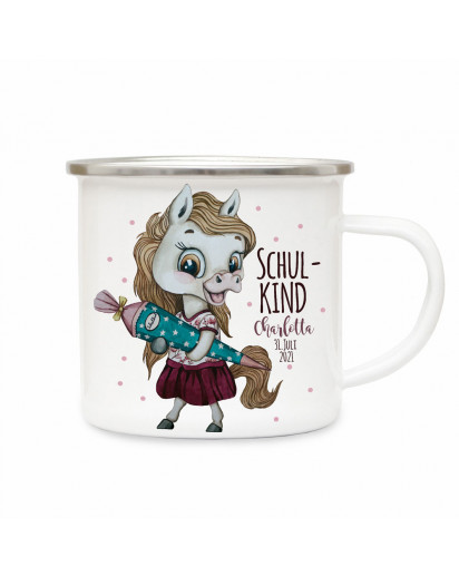 Emaillebecher Mit Pferd & Schmetterling – Personalisierbar Mit Namen, Ø 85 Mm, 80 Mm Hoch