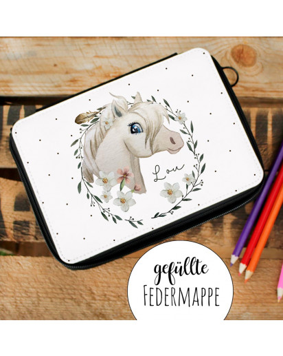 Ilka Parey Federtasche „Wildpferd Mit Federn“ – Gefüllt Mit Stiften, 21x16x4 Cm | Personalisierbar Mit Wunschnamen, Für Schule & Einschulung