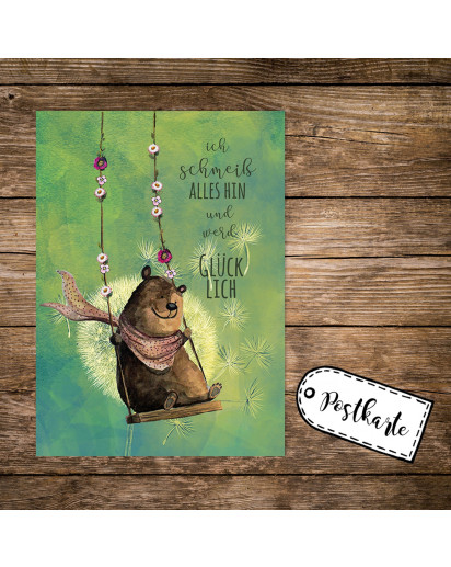 A6 Postkarte Print mit Bär auf Schaukel & Spruchich werde Glücklich